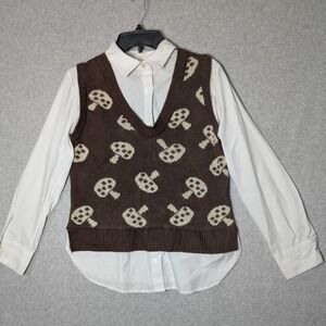 No Boundaries Mushroom 2-Fer Sweater Vest Goblincore Preppy Academia Layered